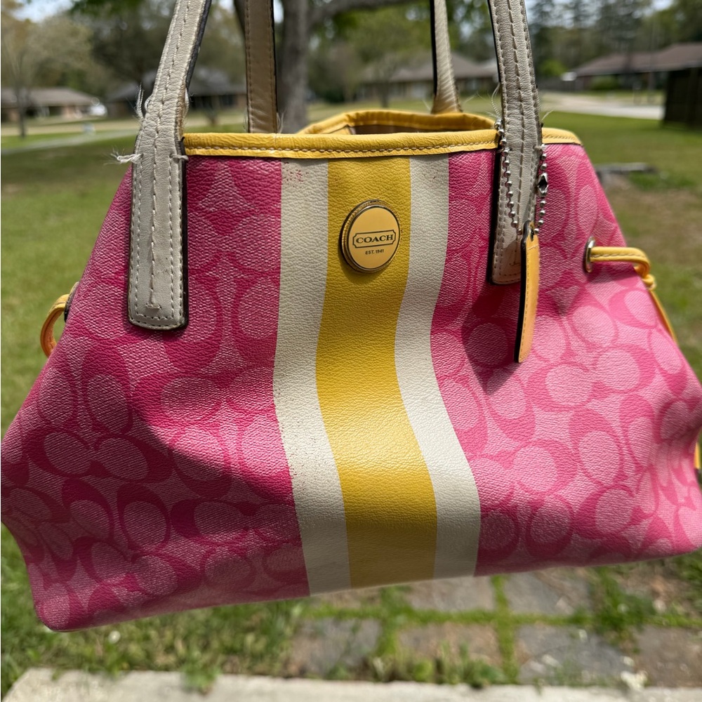 Coach Pink Signature Tote with Yellow Stripe - Picture 6 of 16